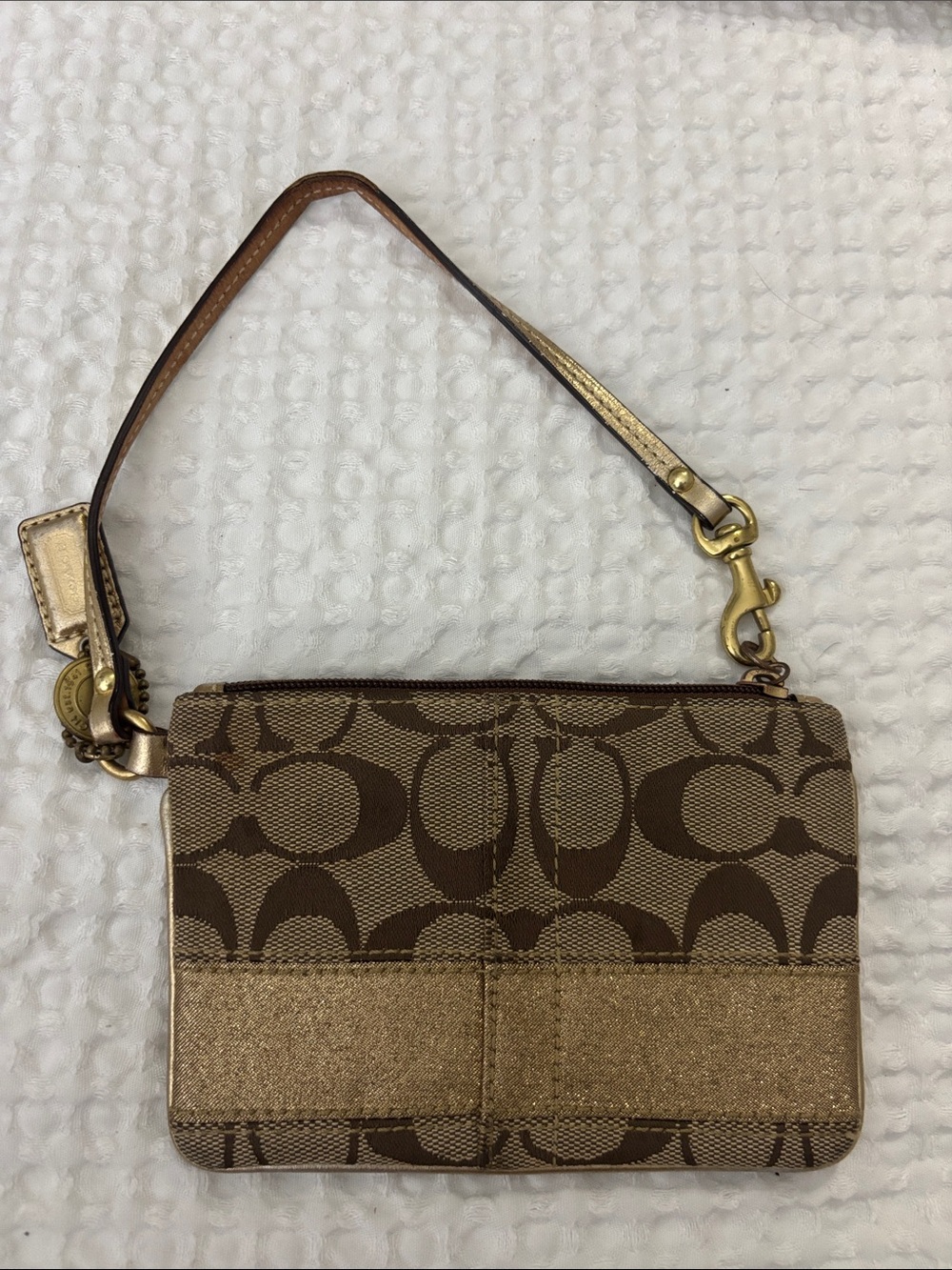 Coach Brown Signature Canvas Wristlet with Gold Accents